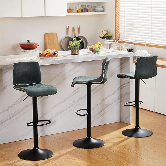 HeuGah Swivel Bar Stools Set of 2, Adjustable Counter Height Barstools with Back, Faux Leather Bar Chairs for Kitchen Island (Deep Teal, Set of 2 (24'' to 32''))