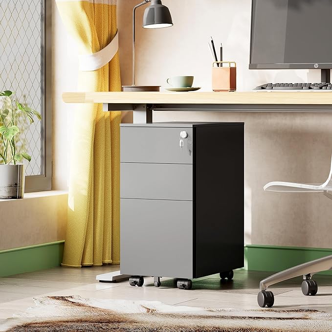 DEVAISE 3 Drawer File Cabinet with Lock, Metal Rolling Filing Cabinets for Home Office, Small Under Desk Cabinet with Slim Width (11.8 inch), Black