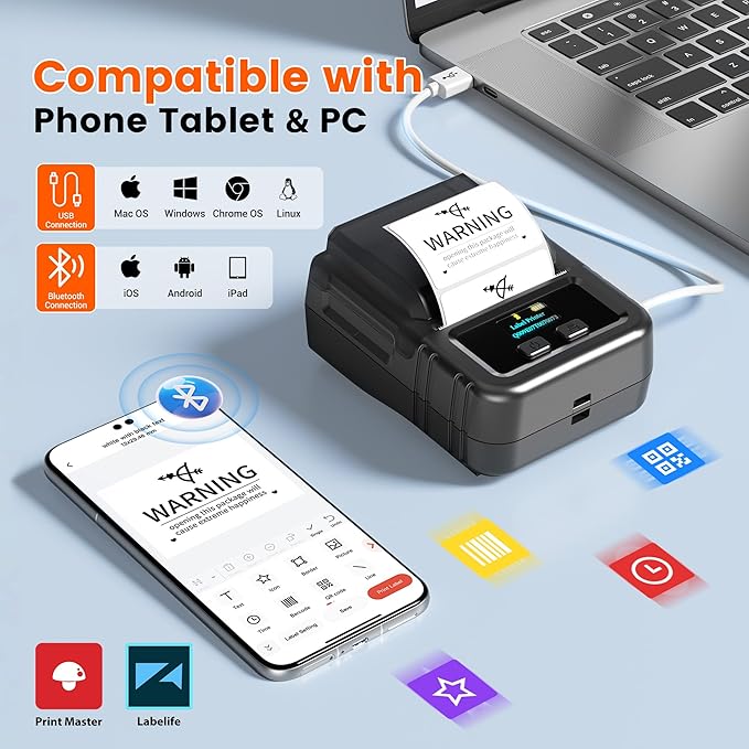 Phomemo M120 Label Maker, 2 Inch Bluetooth Thermal Label Printer with 3 Rolls Thermal Label(4030/4030/5030mm), Label Maker Machine for Small Business, Barcode, Address, Sticker Printer for Phone & PC