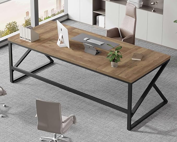 HSH Extra Large Home Office Desk, Rustic Wood and Metal Computer Desk for 2 People, 78 Inch Long Executive Writing Study Gaming Double Desk Workstation, Bedroom Living Room PC Table for 2 Monitors