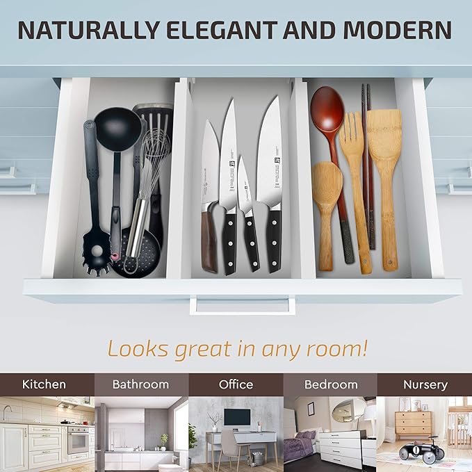 Adjustable Bamboo Drawer Divider Organizers - 6 Pack Large Expandable Drawer Organization Separators for Kitchen Utensils, Dresser, Bedroom, Bathroom, Baby Drawer, Office - 17.5” to 22" (White)