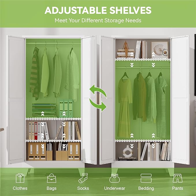 Metal Wardrobe Cabinet with Hanging Rod,Large 71" Armoire Wardrobe Closet with Adjustable Shelves,Farmhouse Metal Clothing Storage Cabinets for Bedroom,Office,Laundry Room(White)