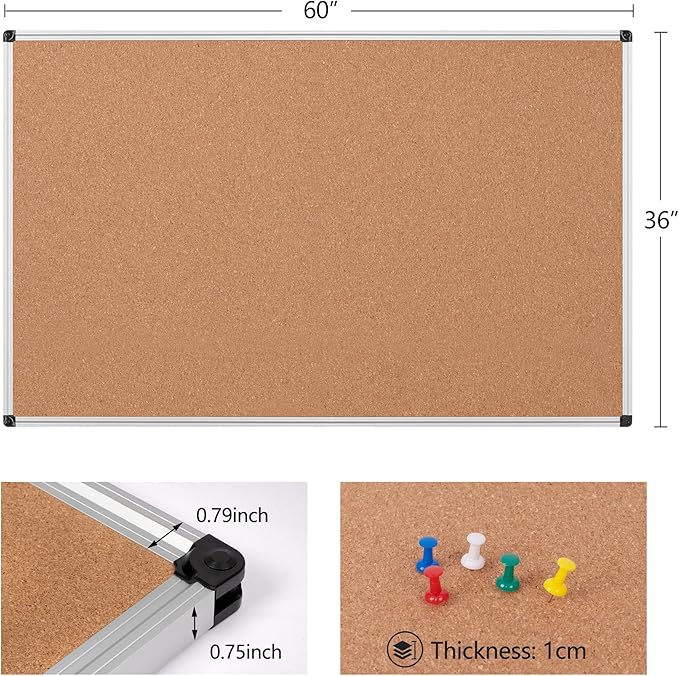 Board2by Extra Large Cork Bulletin Board 60" X 36", Silver Aluminum Framed 5'x3' Corkboard for Wall, Wall Mounted Notice Pin Board with 18 Push Pins for School, Home & Office