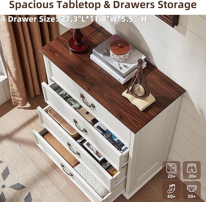 Farmhouse 4 Drawer Dresser Set of 2 for Bedroom, 37" Tall Rustic Chests of Drawers w/ 4 Solid Wood Feet, Mid Century Vintage Wooden Closet Storage Dressers Organizer for Living Room, White