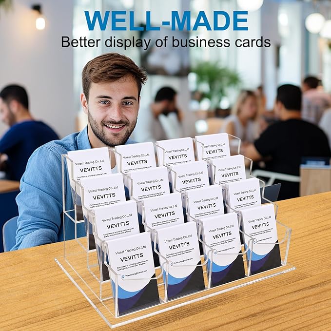 Clear Vertical Business Card Holder for Desk, Office Acrylic Business Card Display Holder Desktop Organizer Storage Cards Holders, Clear 4 Tiers 16 Pockets