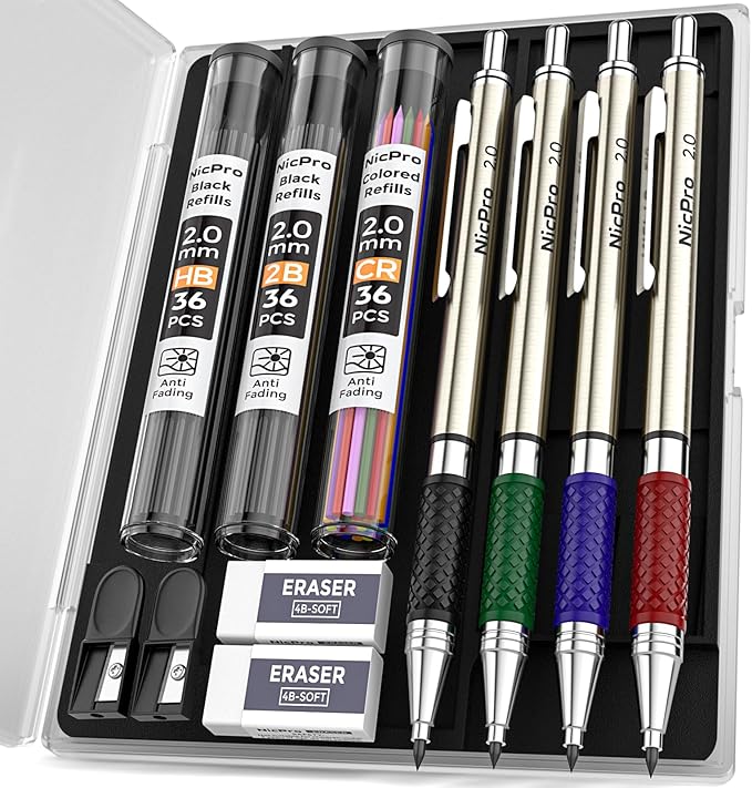 Nicpro 4 PCS Premium 2.0 mm Mechanical Pencils Set, 108 Colored & Black (HB 2B) Lead Refills, Art Metal 2mm Carpenter Pencil with 2 Erasers, 2 Sharpeners for Drafting Sketching Drawing with Case
