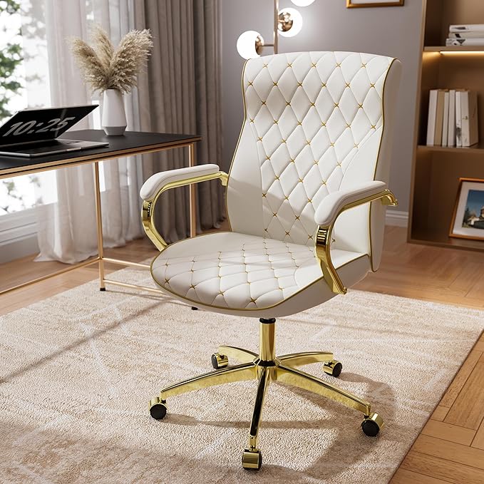 White and Gold Office Chair with Soft Leather Embroidery, Mid Back Vintage Swivel Executive Desk Chair with Wheels and Padded Arms, Adjustable Height