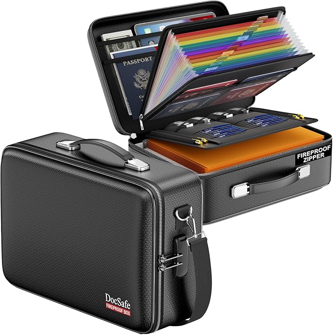 DocSafe Fireproof Document Box with Lock, Hard Case File Organizer with Accordion File Folder, Fireproof Water Resistant Safe Box Home Office Travel Storage for Important Documents Laptop Black