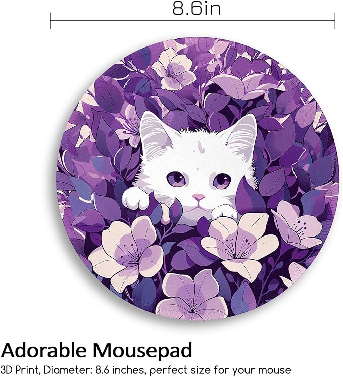 White Cat Purple Floral Mouse Pad, Small Round Mouse Pads for Desk, Kawaii Cute Mini Travel Mousepad for Wireless Computer Laptop, Office Desk Accessories, 8.6 x 8.6 inch