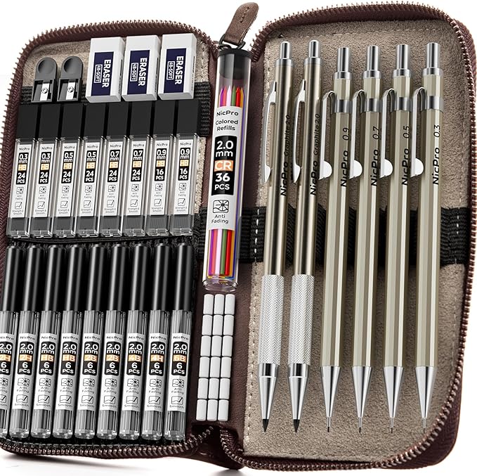 Nicpro 33PCS Metal Mechanical Pencil Set in Leather Case, Art Drafting Pencil 0.3, 0.5, 0.7, 0.9 mm, 2mm Lead Pencil Holders for Sketching Drawing With 18 Tube (6B 4B 2B HB 2H 4H Colors) Lead Refills