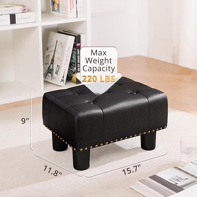 LUE BONA Small Tufted Foot Stool, Black Rivet Faux Leather Footrest with Plastic Legs, 9''H, Rectangle Foot Stools for Adult with Non-Slip Pads, Sofa Footstool for Living Room, Couch