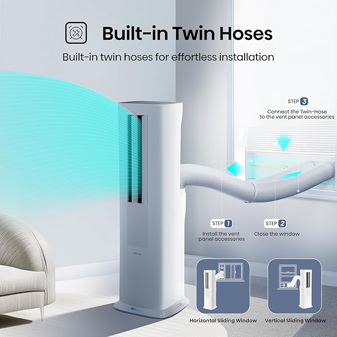 Hisense API0825UW1D Smart Inverter Twin Hose 8,000 BTU (DOE) 350 SF Heat/Cool Tower Portable Air Conditioner, White