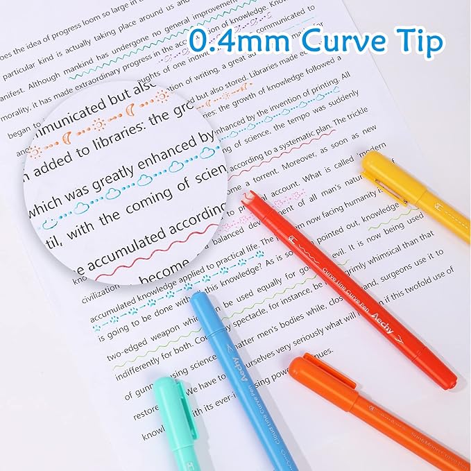 AECHY 12PCS Colored Curve Pens for Note Taking, Dual Tip Pens with 10 Different Curve Shapes & 12 Colors Fine Lines, Curve Highlighter Pen Set for Kids Journaling Note Taking Supplies