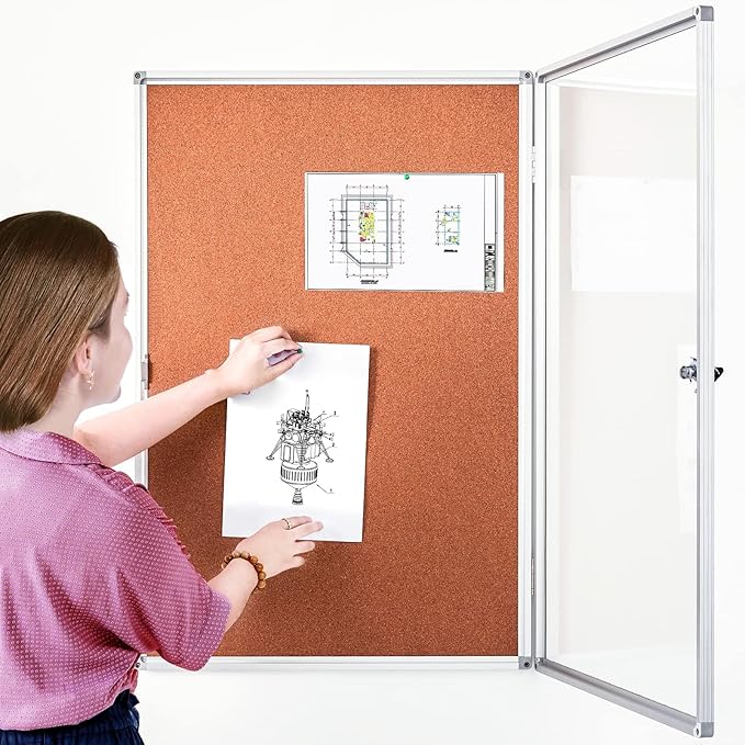 BIBOC EnclosedCork Bulletin Board 36x24 inch Lockable Cork Noticeboard Display Cases Tamperproof Notice Poster Memo Board with Class 1 Aluminum Frame (Cork, 24×36 inches)