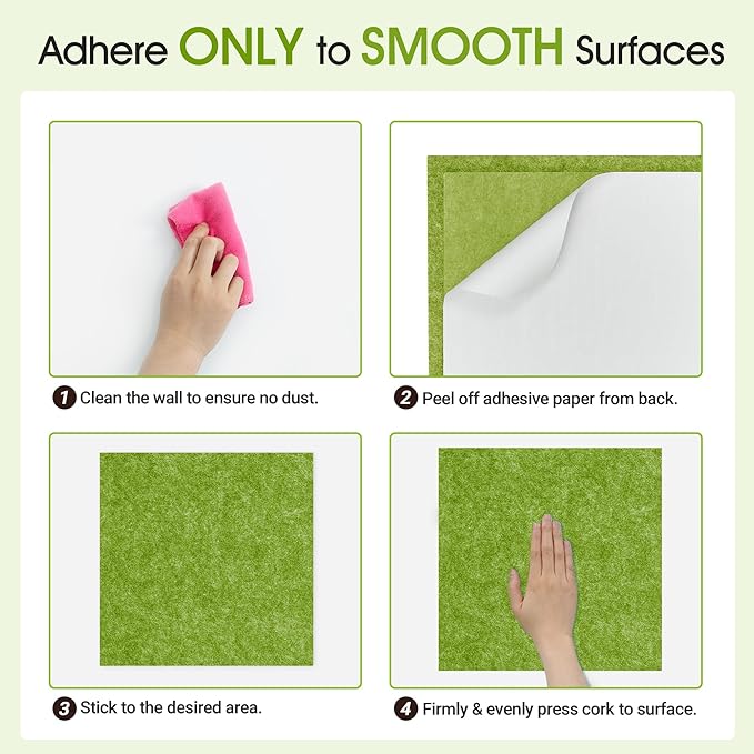 AKTOP Cork Bulletin Board 12x12, 1/2" Thick Felt Cork Board Tiles 12 Pack, Small Square Pin Board for Wall, Self Adhesive Corkboards with 120 Push Pin Wood Clips for School, Home & Office, Green