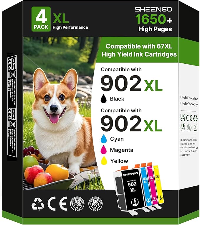 902XL Ink Cartridges for HP Printers Compatible Replacement for HP 902 902 Ink Cartridges HP902 XL for OfficeJet Pro 6978 6968 6974 6975 6960 Officejet 6951 6954 6956 6958 Printer, 4 Pack Latest Chip