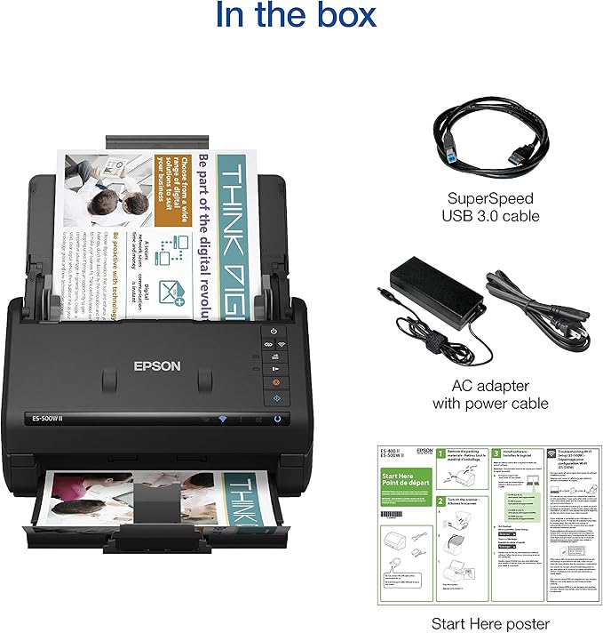 Epson Workforce ES-500W II Wireless Color Duplex Desktop Document Scanner for PC and Mac, with Auto Document Feeder (ADF) and Scan from Smartphone or Tablet (Renewed)