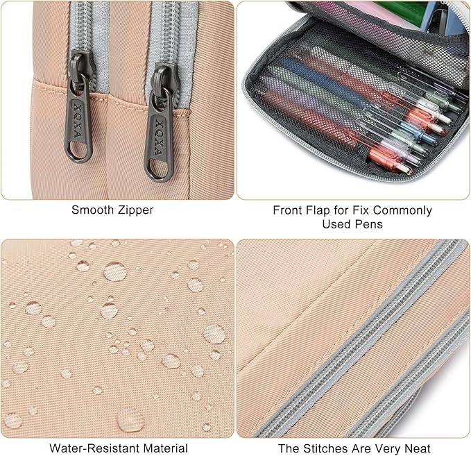 XQXA Pen Pouch Large Capacity Pencil Case Organizer, Multifunctional Pencil Pouch with 3 Compartmens, Big Pencil Bag for Office Travel Men Women Adult (01-Creamy Rice)