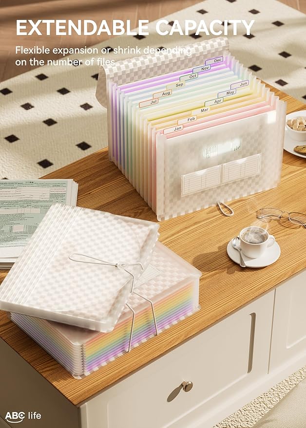 ABC life 12 Pockets Accordion File Organizer Expanding File Folders, Portable Monthly Bill Receipt Document Organizer, Expandable Accordian Filing Folder Letter A4 Size, Colored Tabs (Pink)