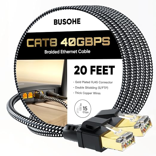 BUSOHE Cat 8 Ethernet Cable 20 FT, High Speed 40Gbps 2000Mhz Braided Network by BUSOHE