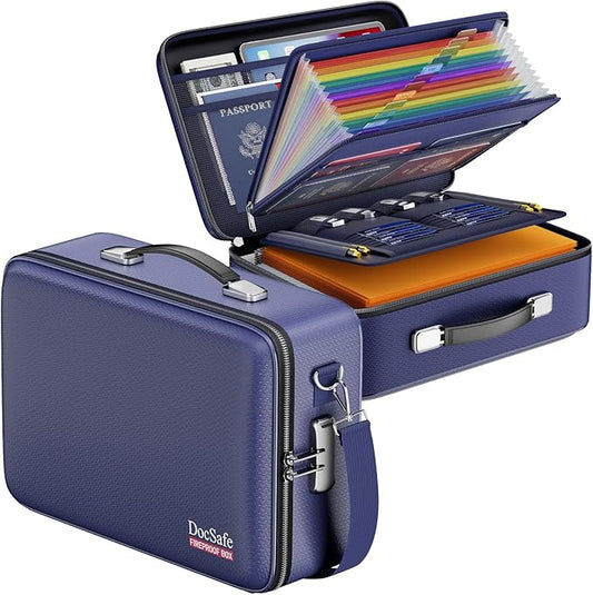 DocSafe Fireproof Document Box with Lock, Hard Case File Organizer with Accordion File Folder, Fireproof Water Resistant Safe Box Home Office Travel Storage for Important Documents Laptop Blue