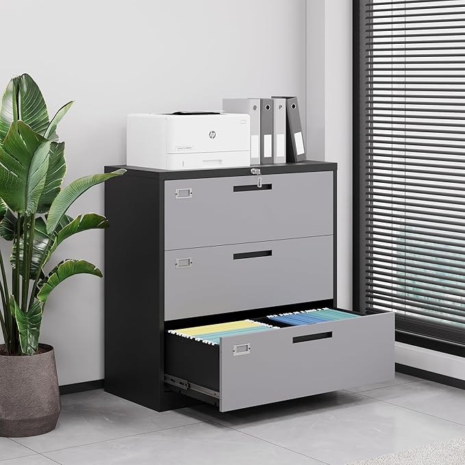 Letaya File Cabinet with Lock-Lateral 3 Drawer Metal Filing Cabinets-Organization Storage for Home Office-Hanging Letter/Legal/F4/A4 Size (Grey Black)