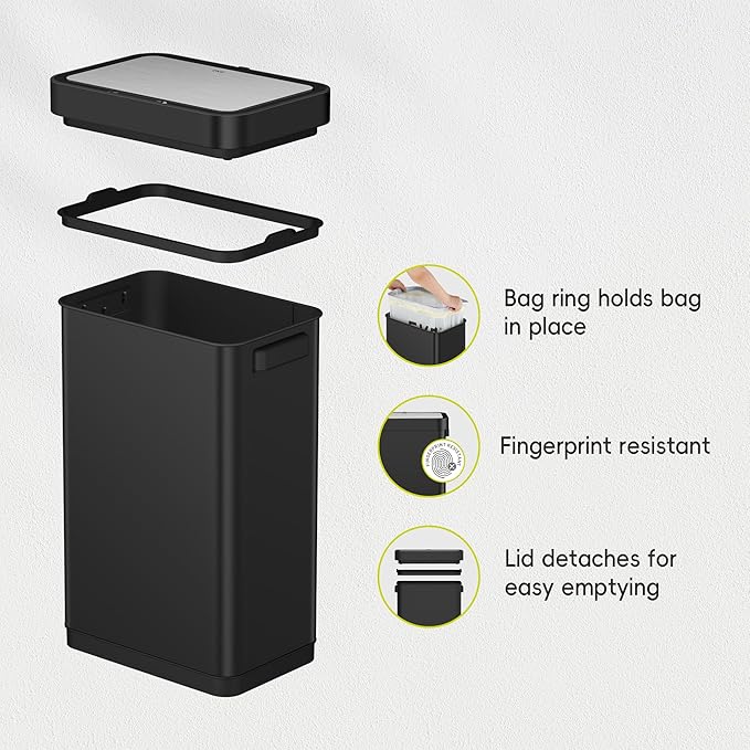 EKO Deluxe Mirage-T 50 Liter / 13.2 Gallon Touchless Rectangular Motion Sensor Trash Can, Matte Black Stainless Steel Finish