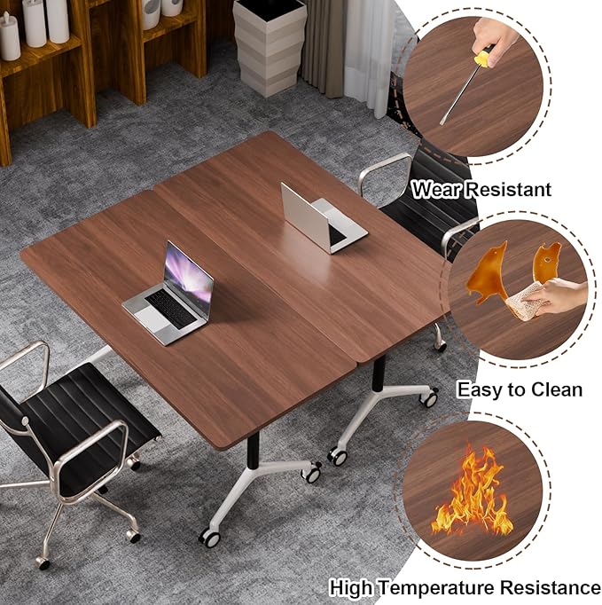 Folding Conference Table, Modern Large Conference Room Tables with Flip-Top Design, Foldable Conference Table Meeting Table with Wheels, Mobile Seminar Training Tables for Office Classroom (8, Brown)