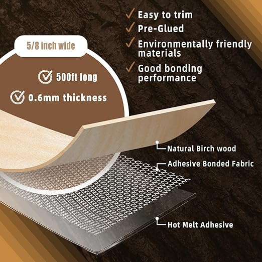 GSCIT Club Birch Edge Banding, 5/8 inch x 500ft roll of Wood Veneer Edge Banding Pre-glued Flexible, Wood Tape Banding for Cabinet Repair