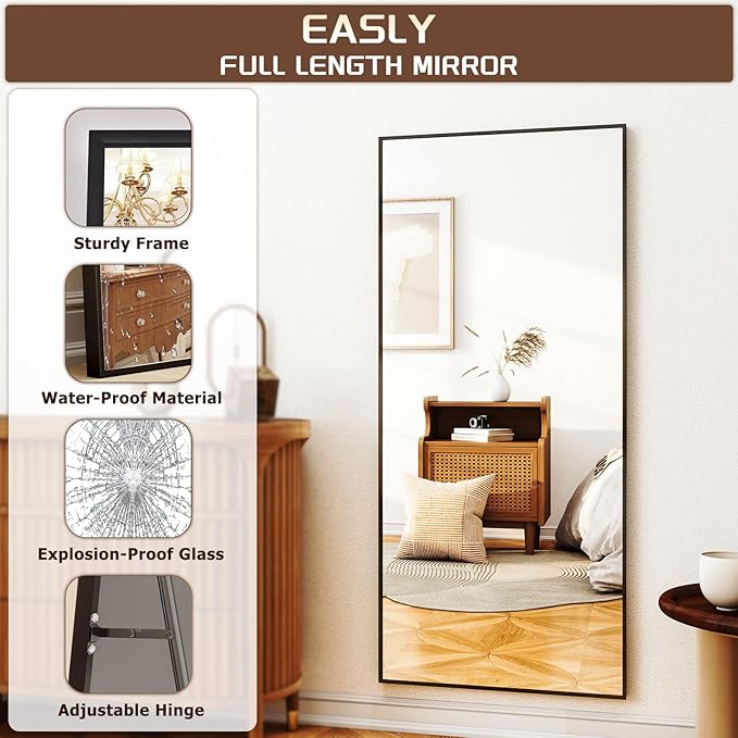 Full Length Mirror with Stand, 68"x24" Floor Mirror with Aluminum Alloy Frame, Full Body Mirrors,Free Standing or Wall-Mounted Mirrors for Living Room, Black