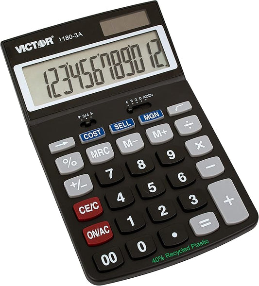 Victor 1180-3A 12-Digit Standard Function Calculator, Battery and Solar Hybrid Powered Adjustable Angle LCD Display, Great For Home and Office Desks, Black