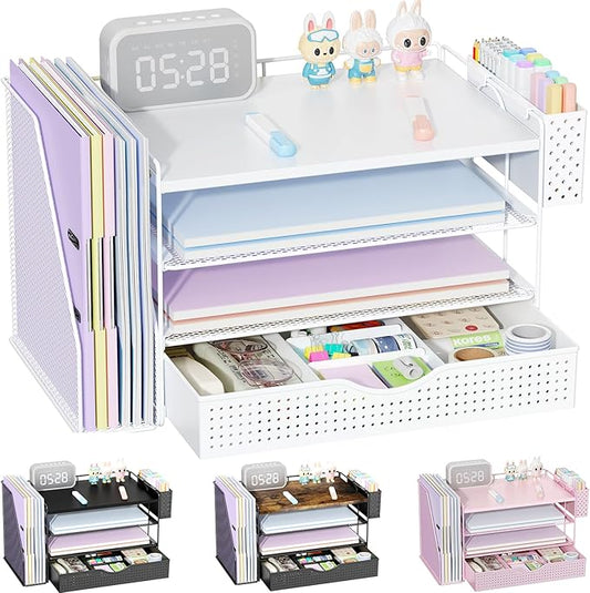 Wood Desk Organizers and Accessories with File Holder, 4-Tier Desk Accessories & Workspace Organizers with Drawer and Pen Holder, Paper Organizer for Office Supplies (White)