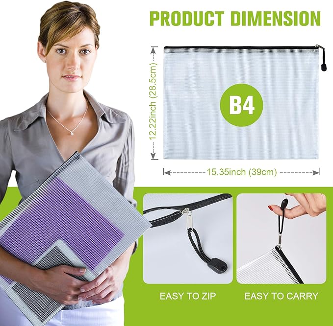 12 Pcs Plastic Mesh Zip File Bags, Waterproof Tear-Resistant Document File Folders, B4 Size Zipper Documents Pouch Document Organizer Bags for School Office Home Travel Storage(15.35×11.22Inch)