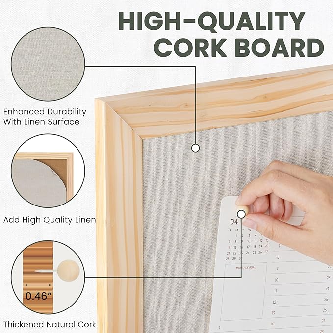 Bulletin Board Cork Board with Linen, 100% Wood Framed 30" x 20" Bulletin Board Decorations, Pin Boards for Walls, Wall Mounted Fabric Picture Board with 10 Pushpins for School, Home & Office, Natural