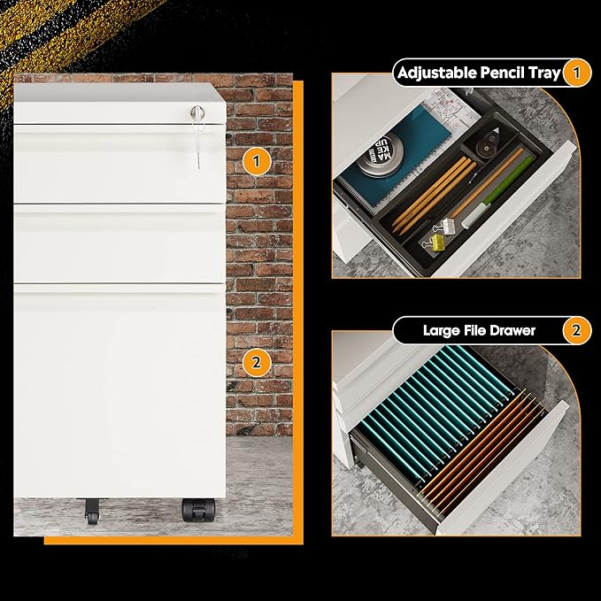 DEVAISE 3-Drawer Mobile File Cabinet (Under Office Desk), Assembled Except Casters, Fits Letter/Standard Sizes, White