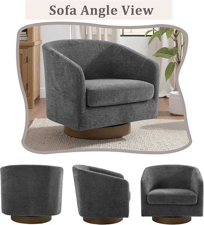 UIXE Swivel Accent Chair with Wood Base, Chenille Upholstered Barrel Chairs for Living Room, Comfy Round Armchair Single Sofa Bedroom Reading Seat - 31" W, Gray