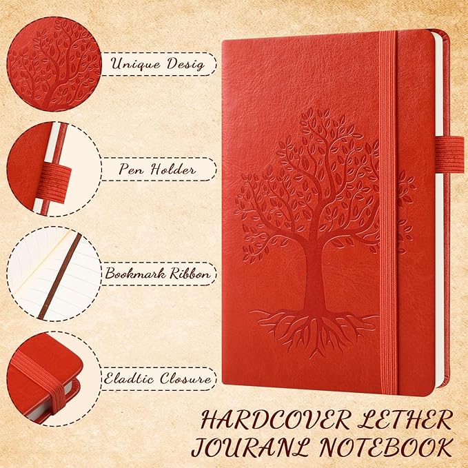 Estune Tree Small Notebooks Pen Leather Lined Pocket Subject Notebooks Hardcover Pocket Notepad Cute Ruled Leather Journals with Pen Holder for Men Women School Business, A6(Stylish Color,30 Set)