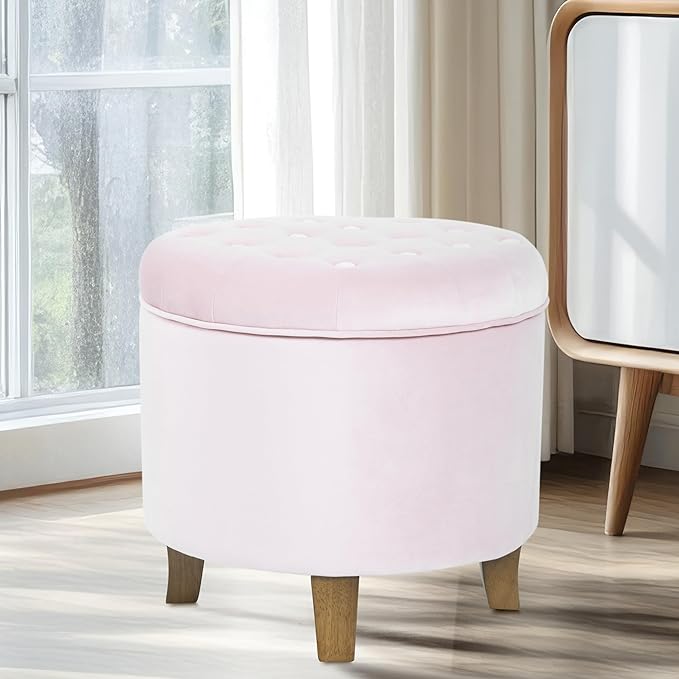 HomePop by Kinfine Fabric Upholstered Round Storage Ottoman - Velvet Button Tufted Ottoman with Removable Lid, Pink, Small