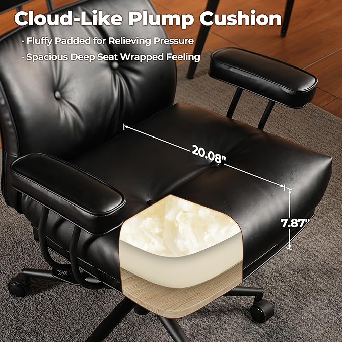 ovios Home Office Chair, Mid-Century Modern Faux PU Leather Chairs with Lumbar Support Comfy Thick Cushion, High Back Ergonomic Swivel Rolling Executive Armchair (Black, PU Leather)