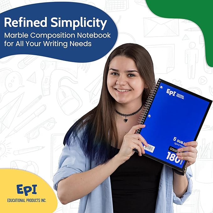EPI Spiral Notebook | 5 Subject - College Ruled - 180 Sheets, Durable Spiral Binding | 10.5 x 8 in | Classroom Supplies | School, Office, Note Taking, Journaling - 12 Pack