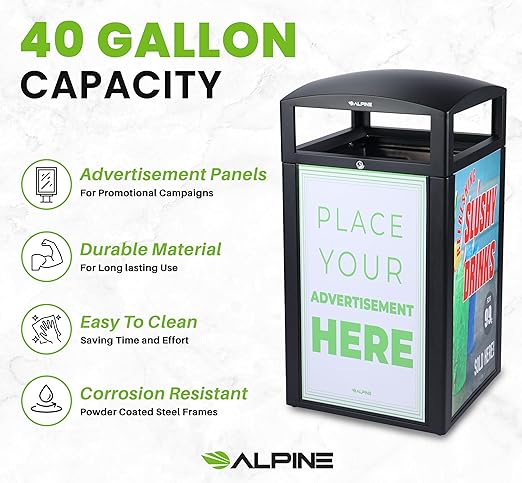 Alpine Outdoor Commercial Trash Can with Lid - 40 Gallon Heavy Duty Metal Garbage Can with Advertising Panels, Removable Bin, Locking Lid for a Modern Look in Pool, Park, Mall (Grey Stones)