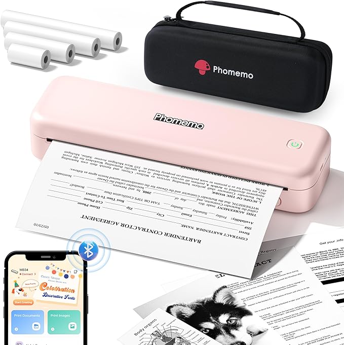 Phomemo Portable Printers Wireless for Travel Upgraded,M834 Bluetooth Thermal Printer 8.5" x 11"& A4 Size,Inkless Mobile Printer with Carry Case for Travel,Office,School,Car,Home,Pink