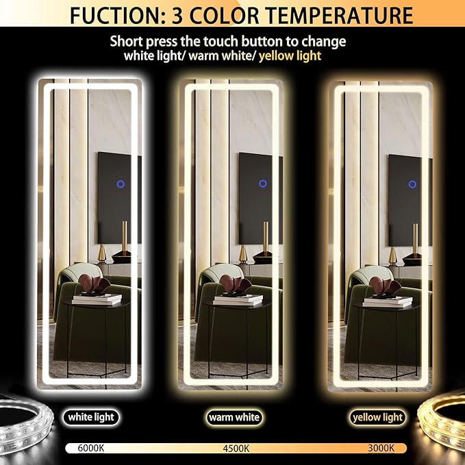 Hasipu Full Length Mirror with Lights, 56" x 20" LED Floor Mirror, Full Body Dressing Standing, Hanging Mounted Mirror for Living Room Bedroom Cloakroom, Round White