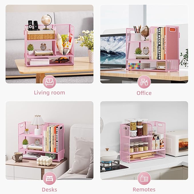 Marbrasse 3-Tier Desk Shelf Organizer with Handle, Desktop Bookshelf File Holder, Mesh Display Shelf Organizer Storage Rack for Office, Home, Supplies, Kitchen (Pink)