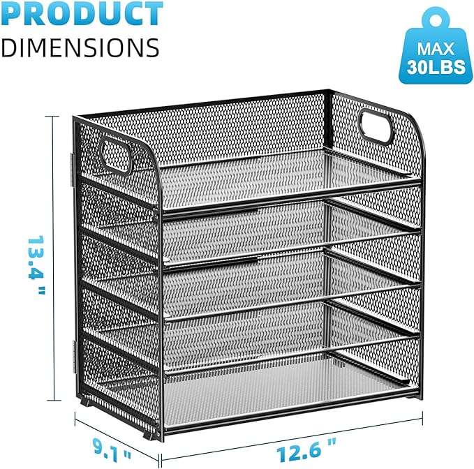 Marbrasse 5 Tier Paper Organizer Letter Tray, Mesh Desk File Organizer with Handle, Paper Sorter Desk Organizer for Home Office Supplies(Black)