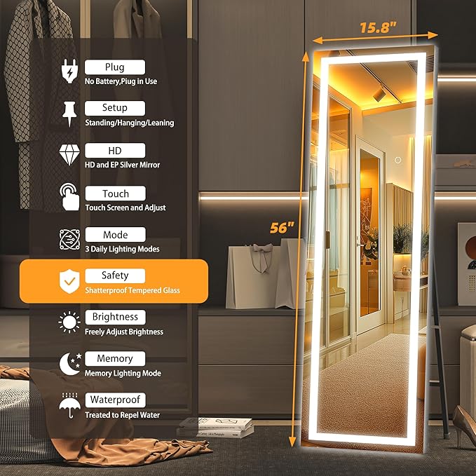 Hasipu Full Length Mirror with Lights, 56" x 15.8" LED Floor Mirror, Full Body Dressing Standing, Hanging Mounted Mirror for Living Room Bedroom Cloakroom, Square Black