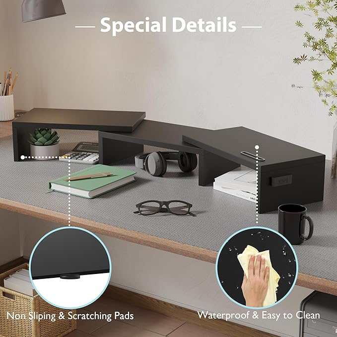 BONTEC Dual Monitor Stand Riser with Smartphone Holder, Adjustable Length & Swivel Angle, Ergonomic Wooden Desktop Organizer for PC Monitor, Laptop, Printer, Large Storage, Black