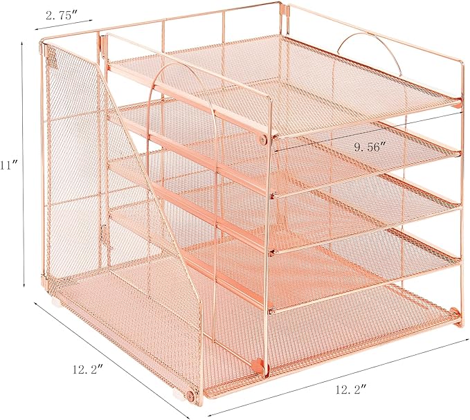 Desk Organizers and Accessories, 5-Tier Paper Letter Tray Organizer with File Holder, Desktop Organizer for Office Supplies, Office Desk Accessories & Workspace (Rose Gold)