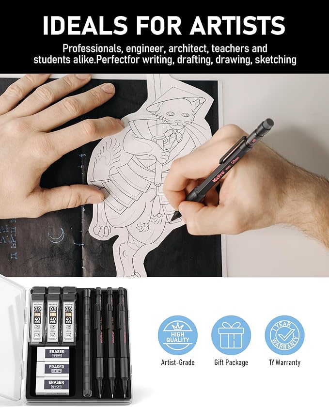 Nicpro 0.9 Metal Mechanical Pencil Set with Case, 3PCS Hevey Duty MP2000 Lead Pencil With 6 Tube HB Lead Refills 0.9mm, Erasers, Weatherproof Barrel for Outdoor Writing Drafting Drawing Sketching