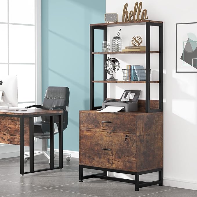 Tribesigns 2 Drawer Vertical File Cabinet with Lock & Bookshelf, Letter Size Large Modern Filing Cabinet Printer Stand with Open Storage Shelves for Home Office, Dark Brown
